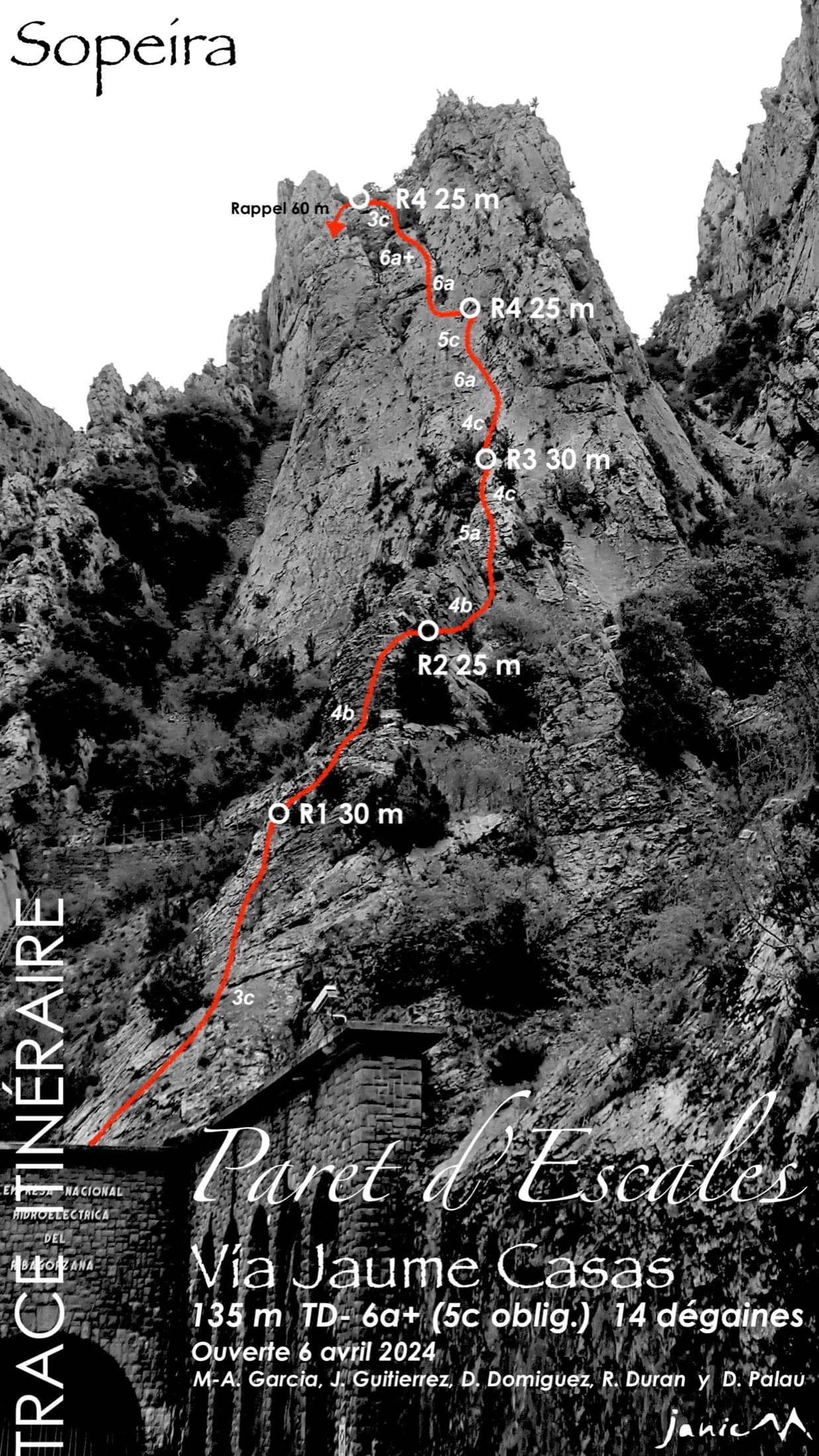 Photo-topo of the Vía Jaume Casas above the power station gate at Sopeira, with belays and pitch grades.