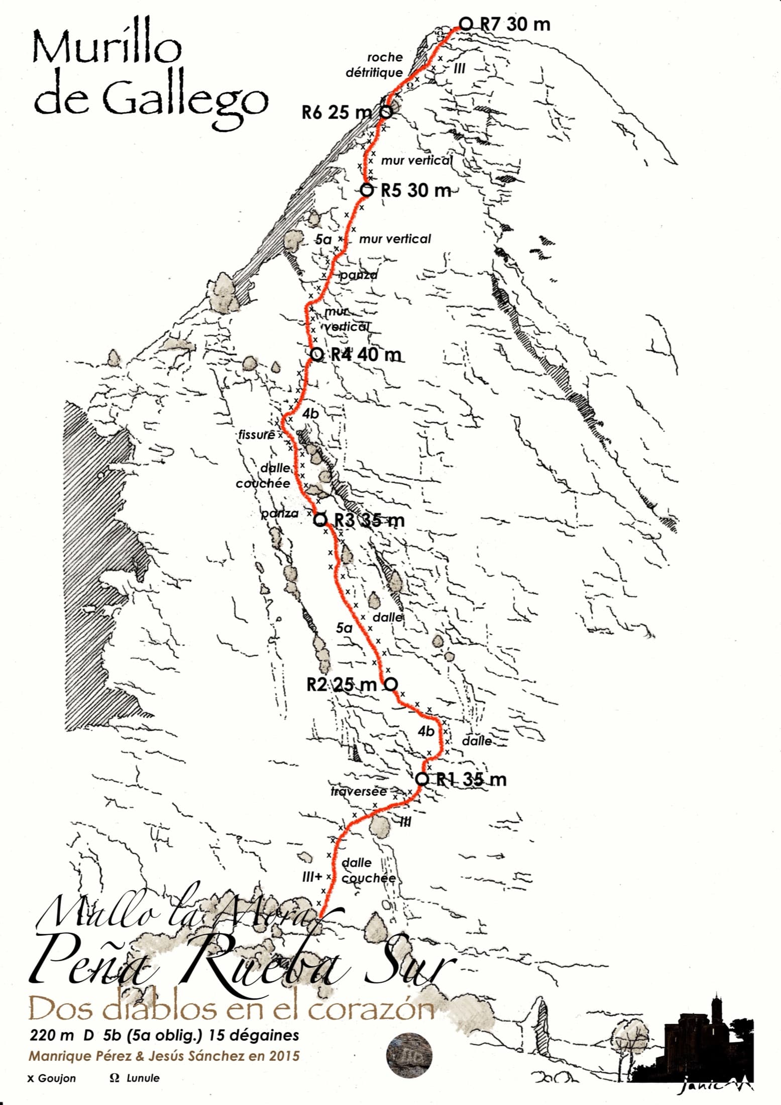 Drawn topo of Dos Diablos en el Corazón on Mallo la Mora, Peña Rueba, with belays, pitch lengths and bolt positions