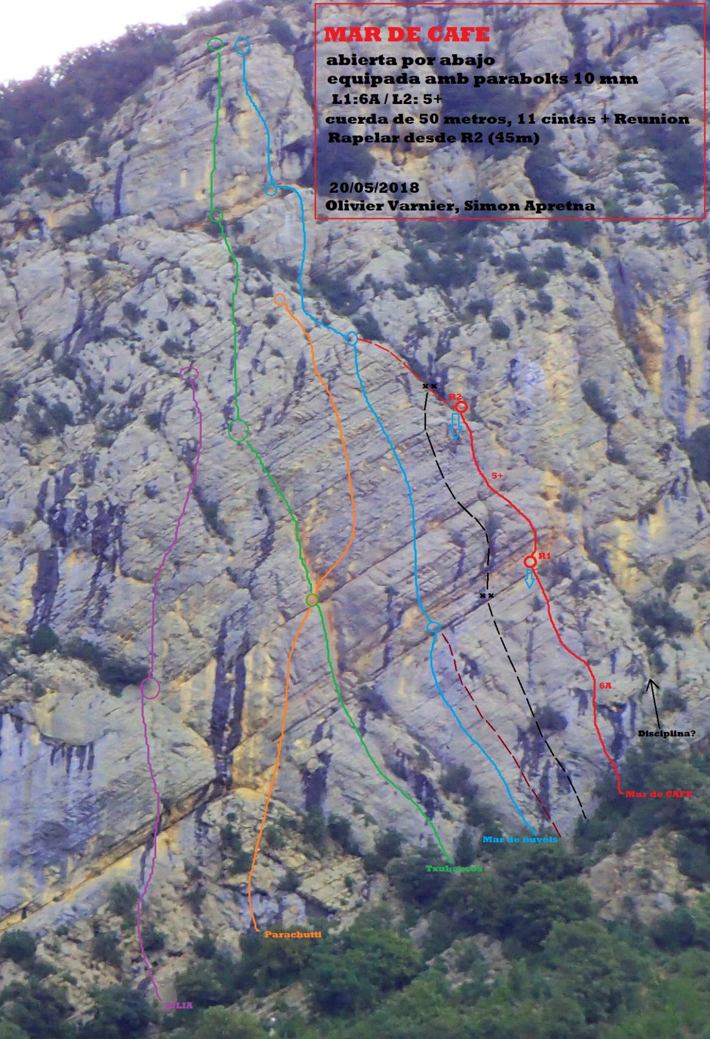 Photo-topo of the Txubascos side of the Paret de Zaratustra, drawn for the newer Mar de Café (red); Txubascos Baskos and Mar de Núvols are among the other coloured lines to its left