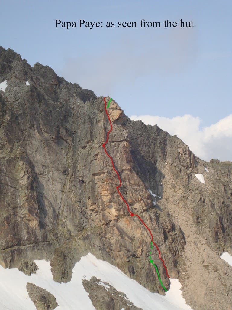The south face of the Gendarme d'Orny seen from the hut. The marked line is the neighbouring route Papa paye; the Voie des trois surplombs starts just to its right and shares the lower corner