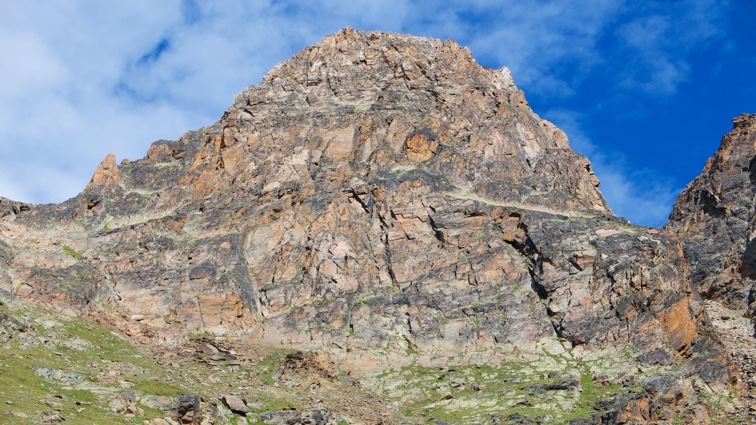 The south-east face of the Jegihorn. Kusima climbs a rib low on this side of the mountain; the line is not marked