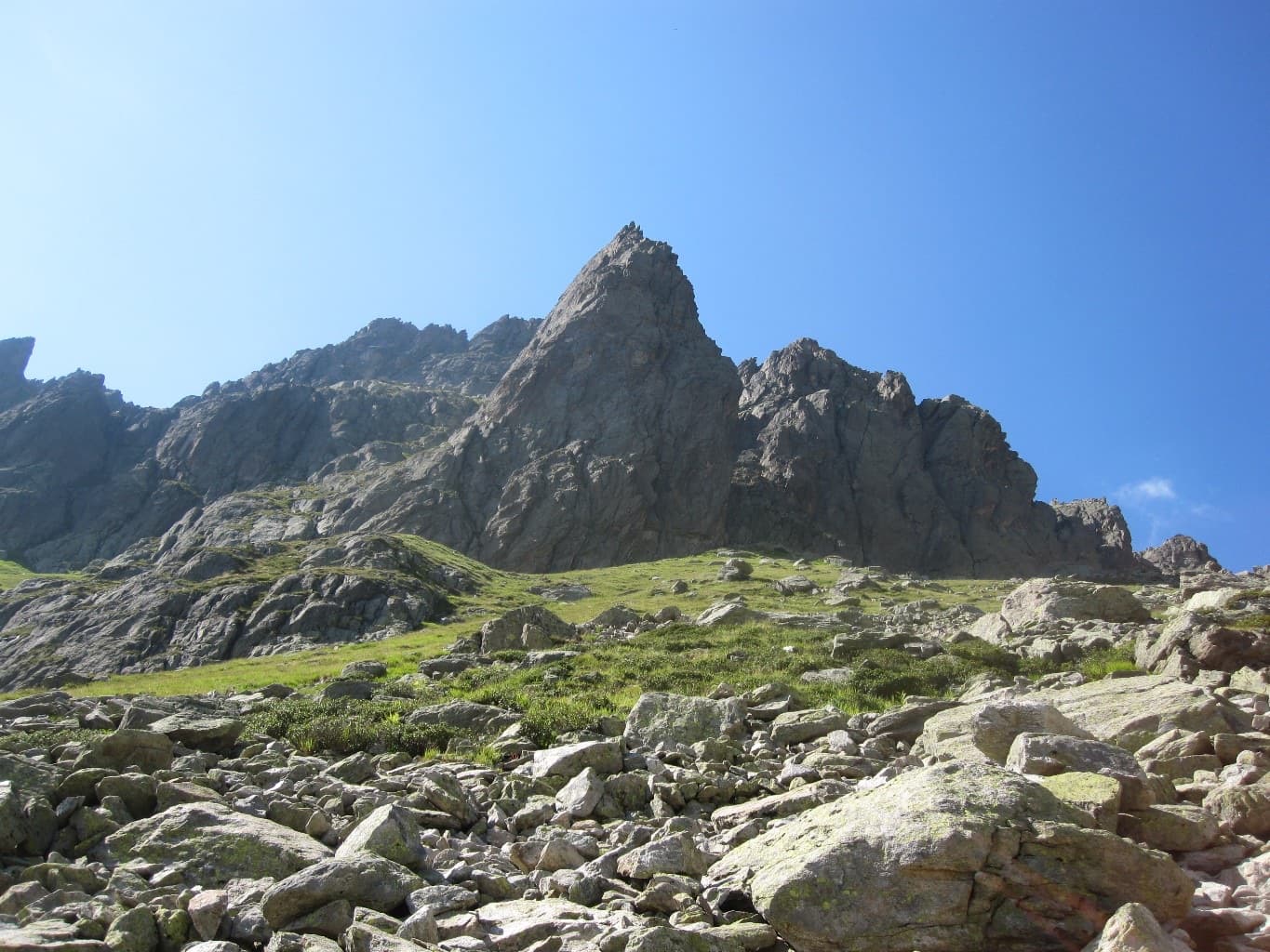 The Pfriendler and its south face seen from the boulder field on the approach