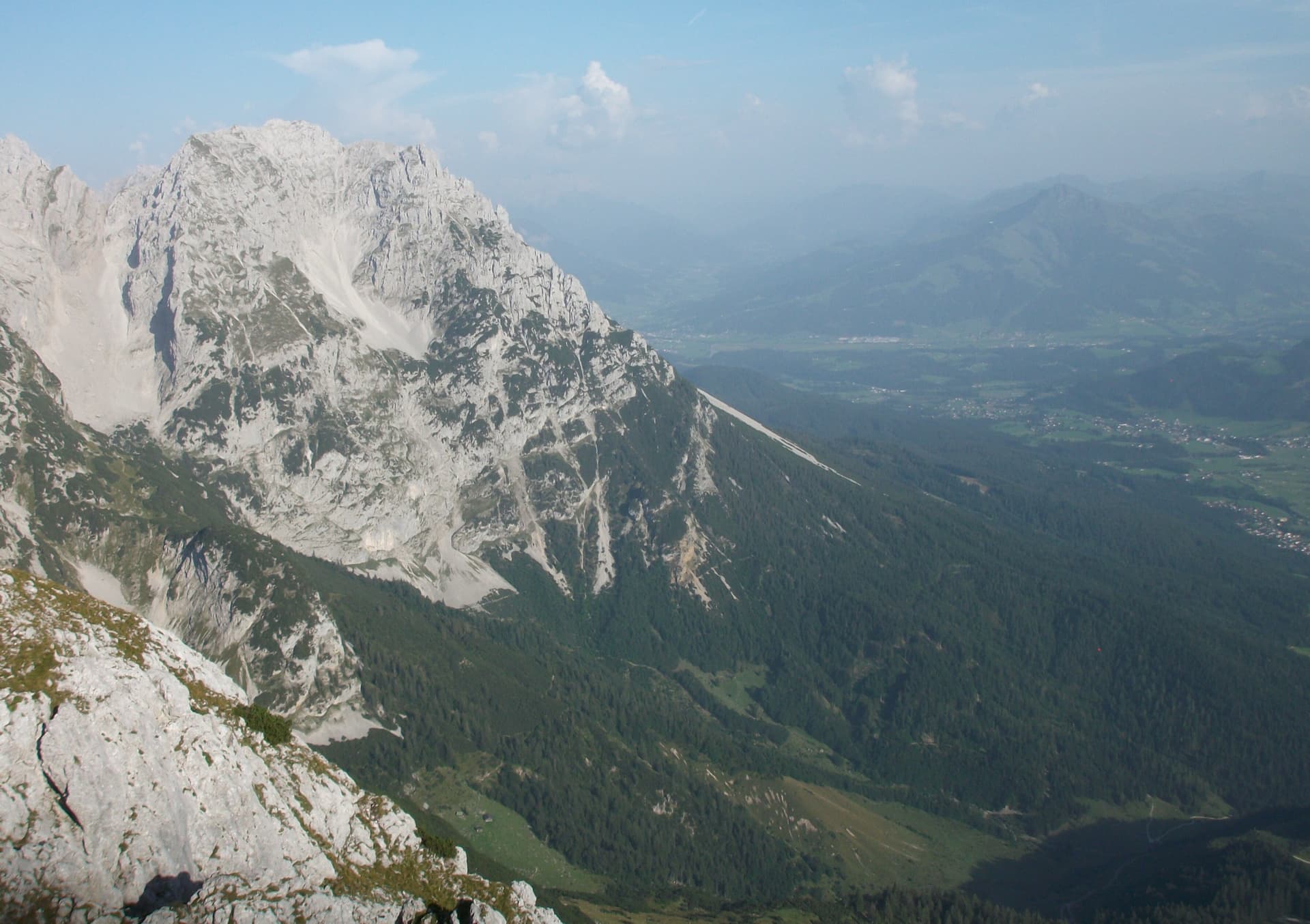 The Treffauer seen from the west, with the Wegscheid pastures below; the Multerkar plinth routes are on the lower rock band of this side
