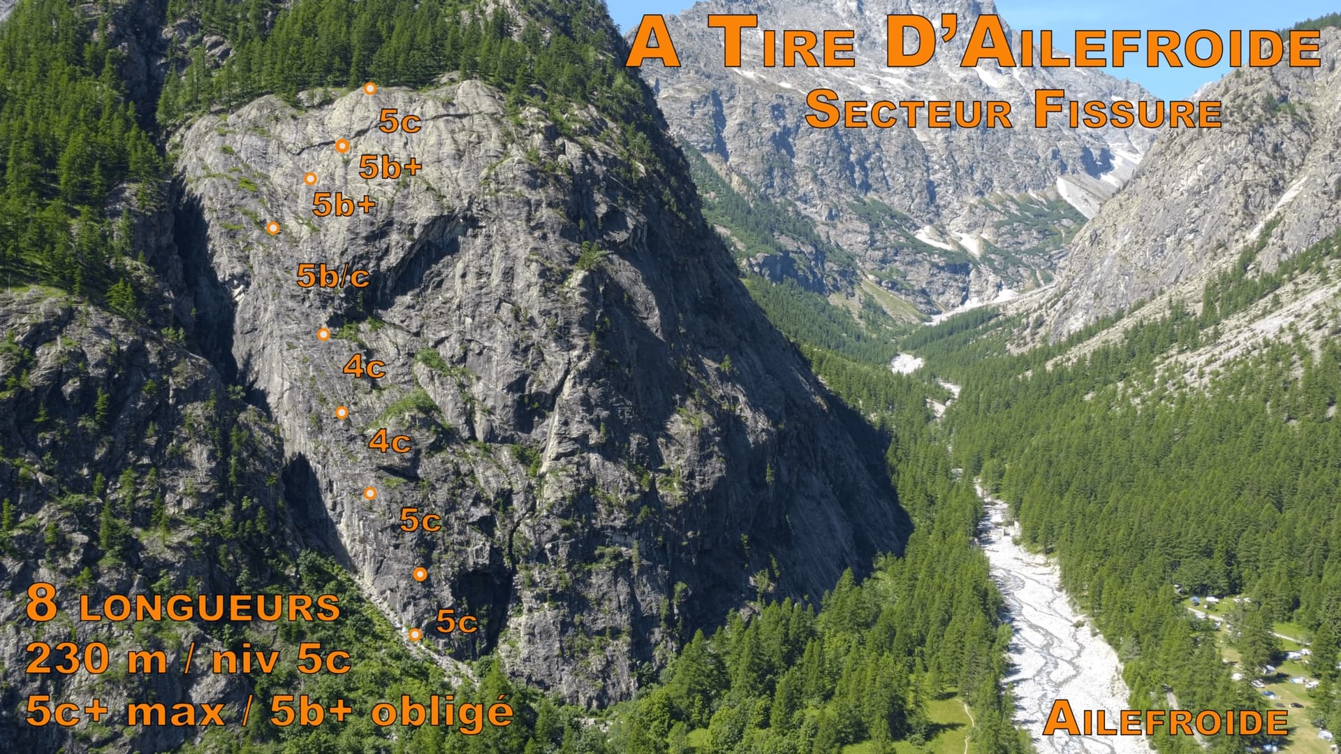 Photo-topo of À tire d'ailefroide on the Paroi de la Fissure, with belays and pitch grades marked; Ailefroide is in the valley below