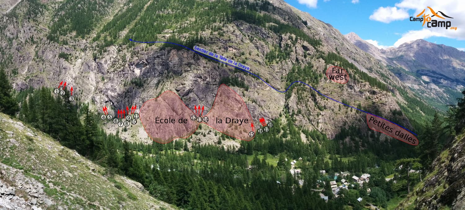 The Draye walls above Ailefroide with their sectors and the path to the Tête de la Draye; the numbered arrows mark the starts of the long routes