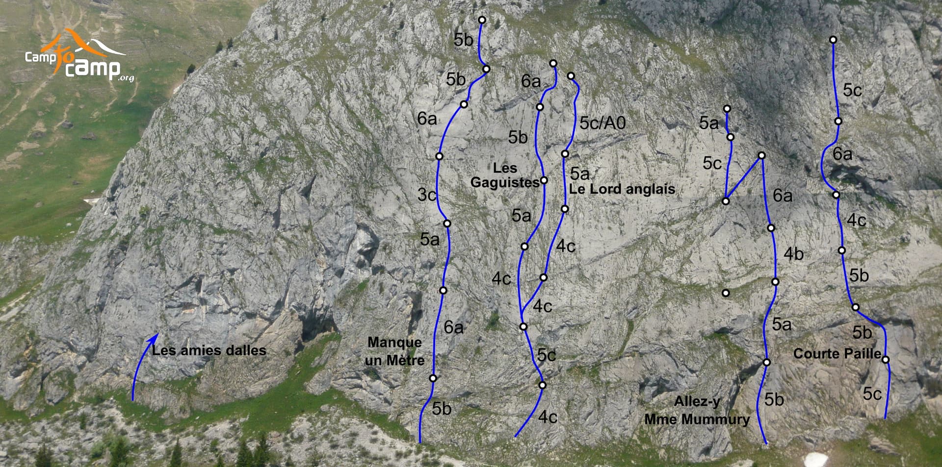 Photo-topo of the south face of the Jallouvre with Manque Un Mètre on the left and its pitch grades