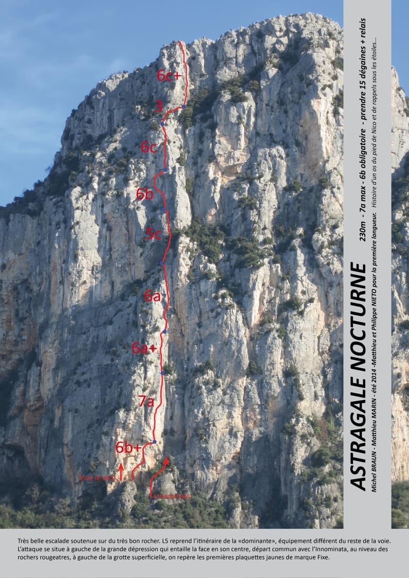 The first ascensionists' photo-topo of Astragale nocturne on the Grande Face of the Baou de Saint-Jeannet