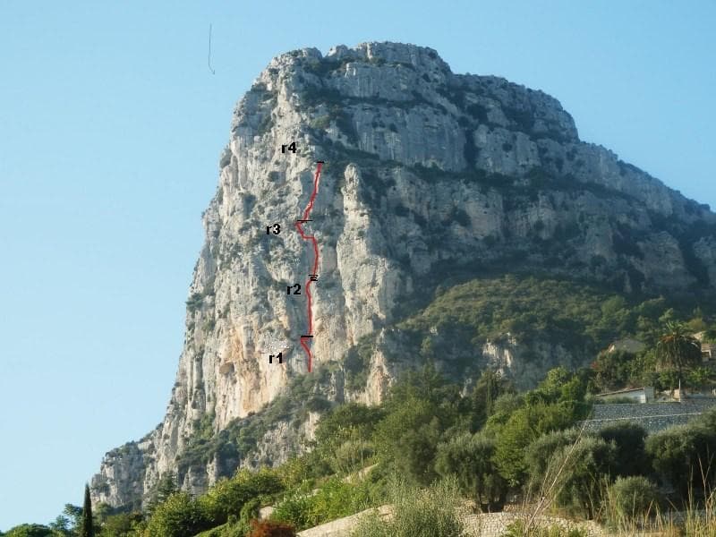 L'étrier drawn on the south-west face of the Baou de Saint-Jeannet, with its four belays