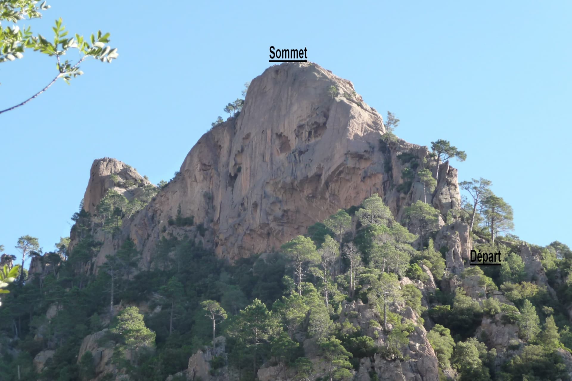 The Dente di a Purcaraccia above the Purcaraccia valley, with the start and summit of the south arête marked