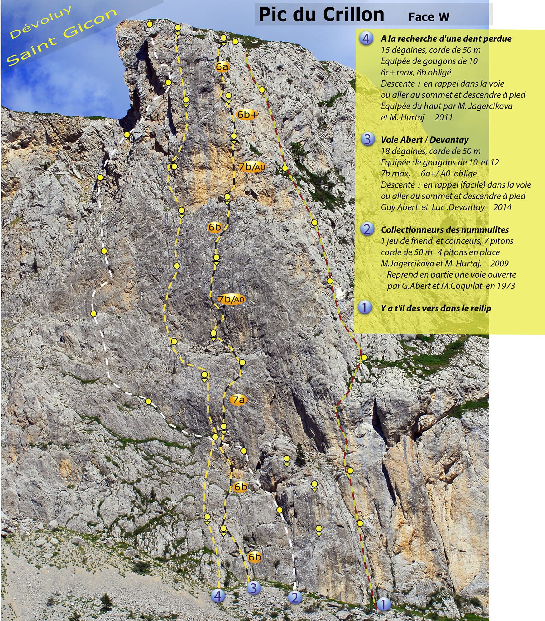 Photo-topo of the west face of Pic Crillon by Guy Abert. À la recherche de la dent perdue is line 4; the orange grade labels belong to line 3, the Abert-Devantay.