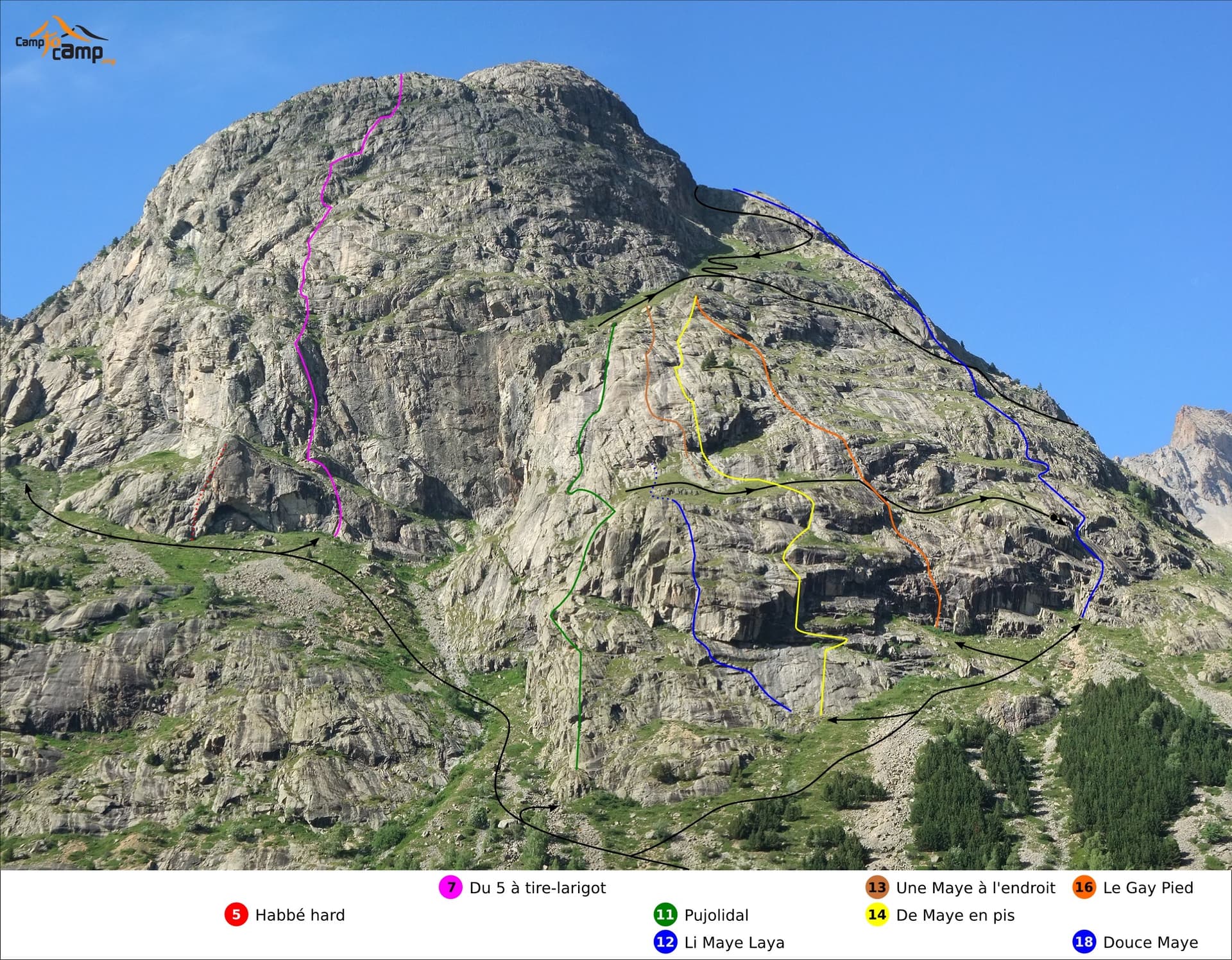 South face of the Tête de la Maye with route lines: Gay Pied is the orange line (16), Douce Maye the blue line on the right (18)