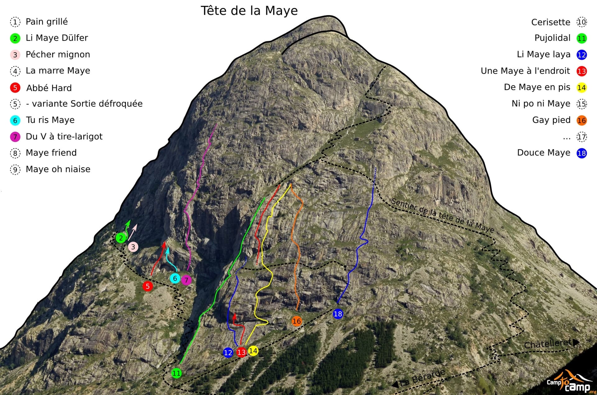 Topo photo of the Tête de la Maye; Douce Maye is line 18 on the right, crossing the hikers' path