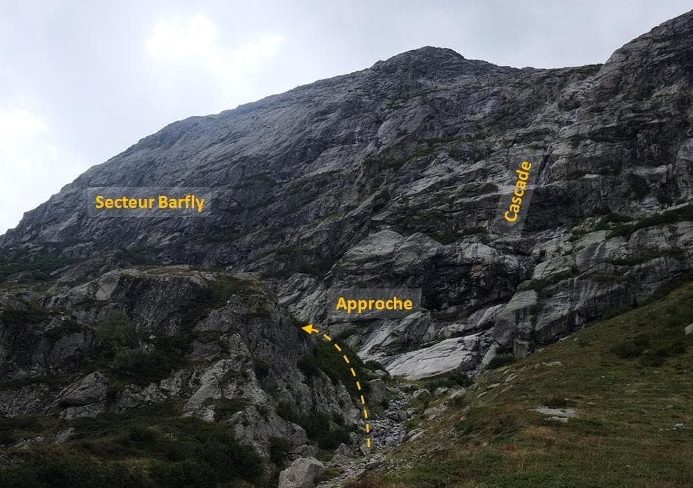 Overview of the Barfly sector of the Encoula cliff with the approach marked