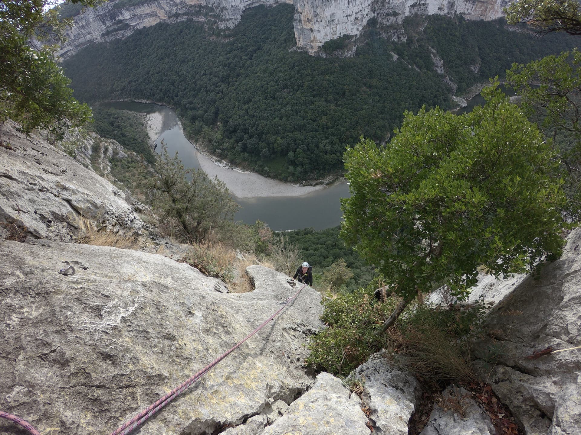 On the last pitch of Gorges Profondes, with the Ardèche river below
