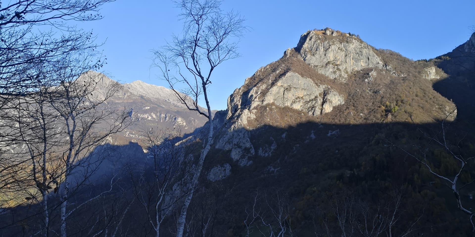 The limestone faces of the Pizzo d'Erna above Lecco; Via Mariet climbs the Punta Centa pillar on this mountain beside the Gamma 1 via ferrata (line not marked)