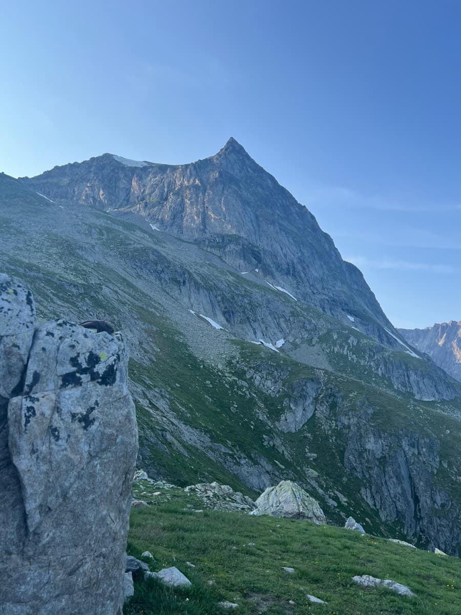 A view of the region, not this route's wall. The Wiwannihorn from near the hut; the east ridge is the right-hand skyline