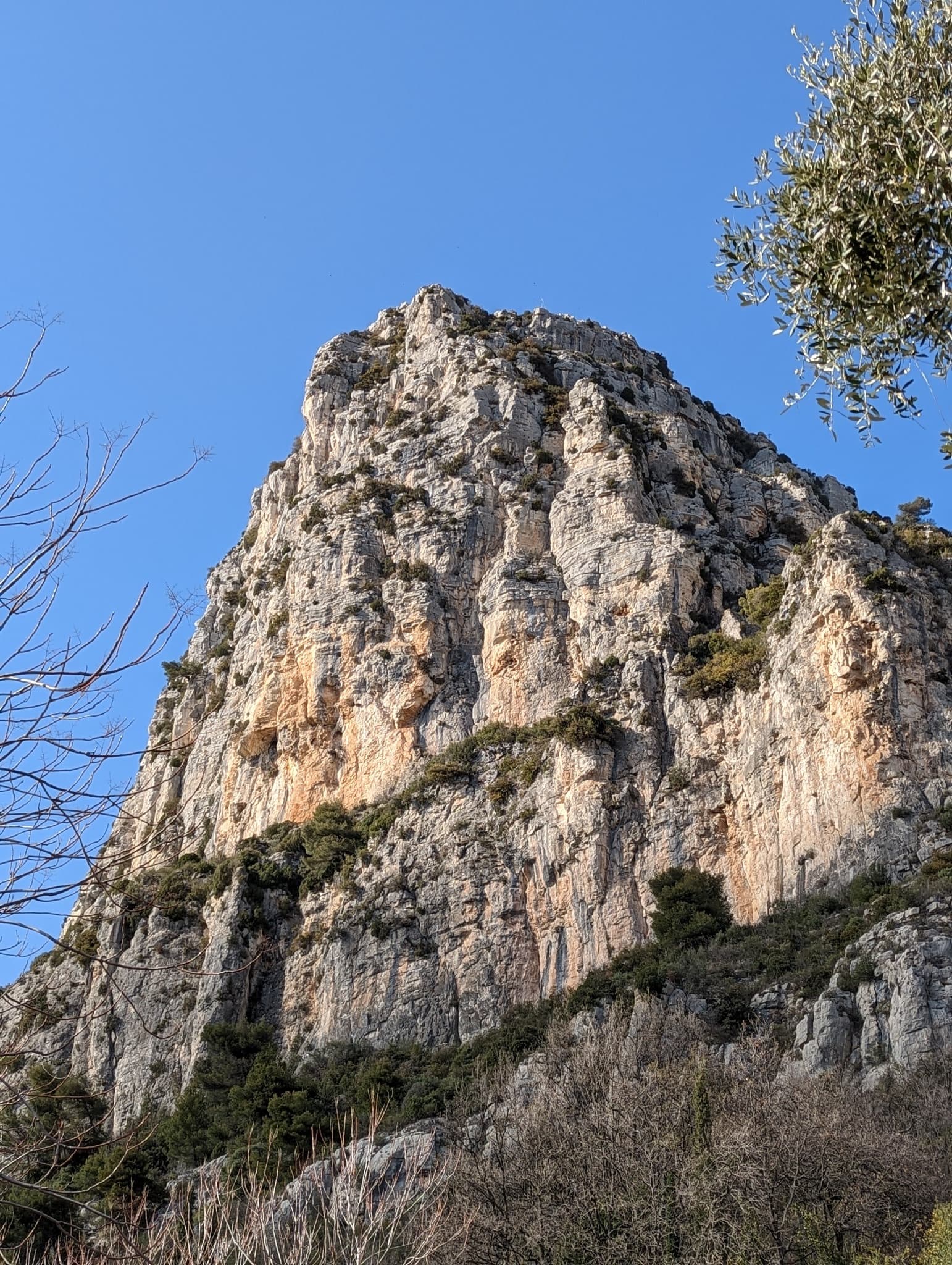The Grande Face of the Baou de Saint-Jeannet seen from the car park; Astragale nocturne is on this face.
