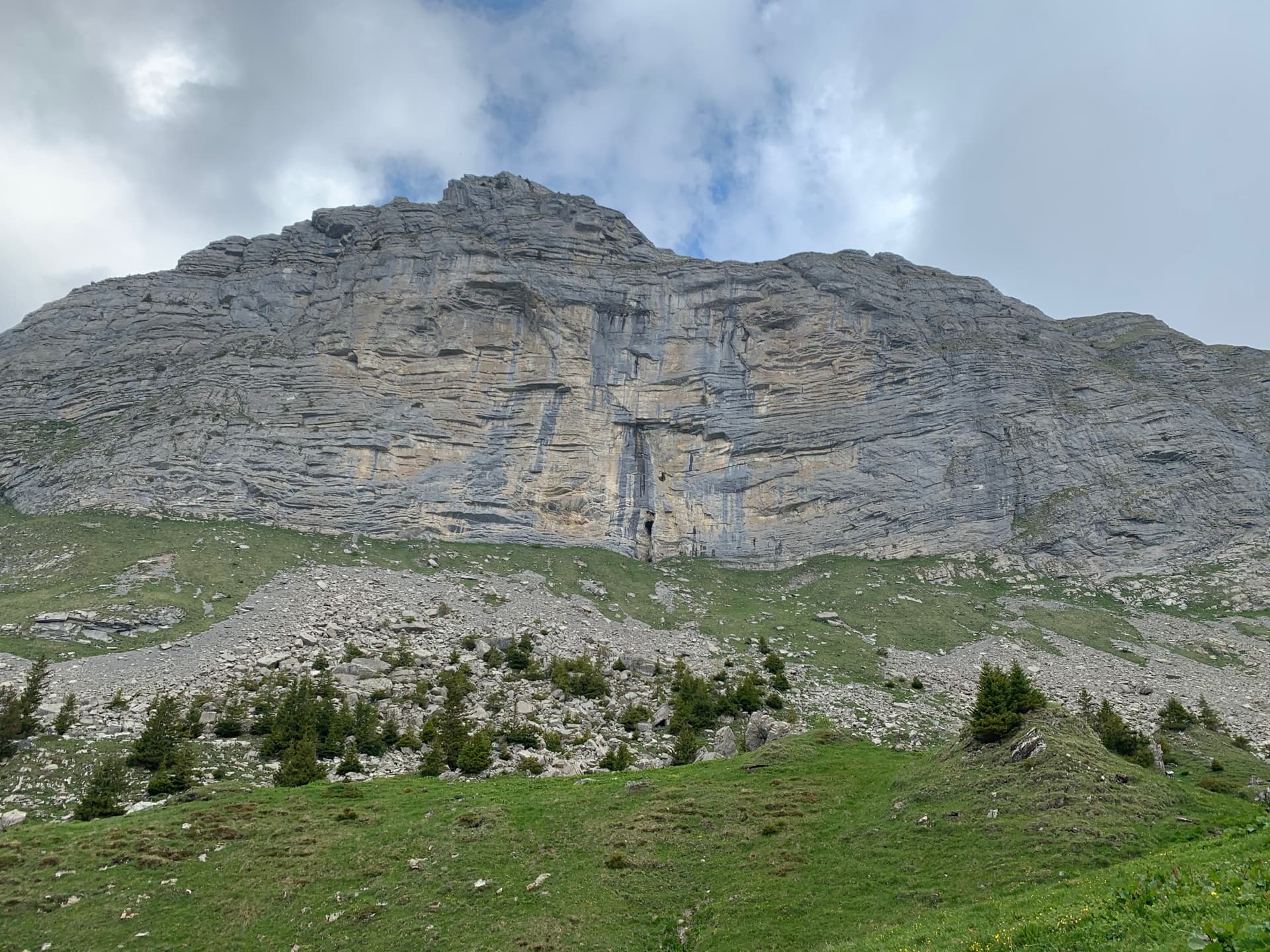 The limestone wall of Hintisberg seen from the meadows on the approach.