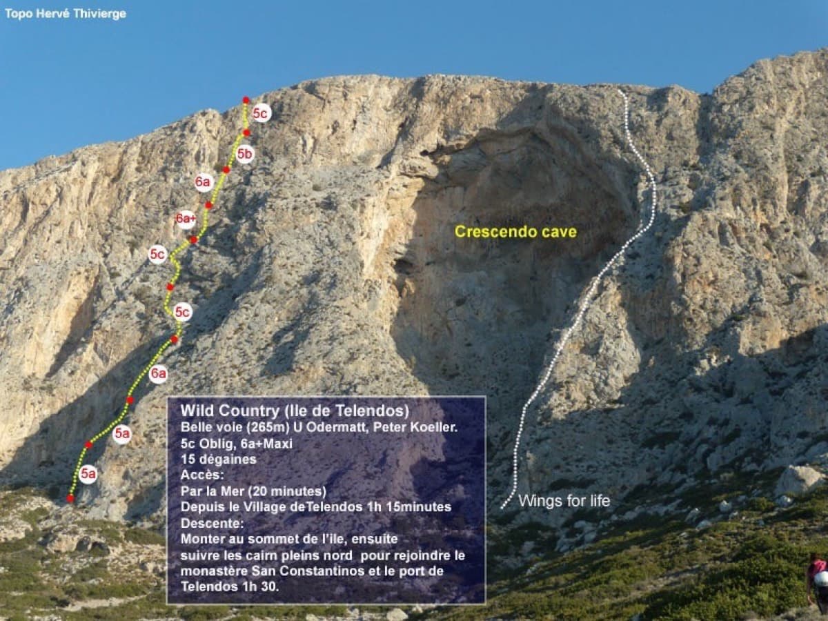 Topo of Wild Country, left of the Crescendo cave, Telendos south face