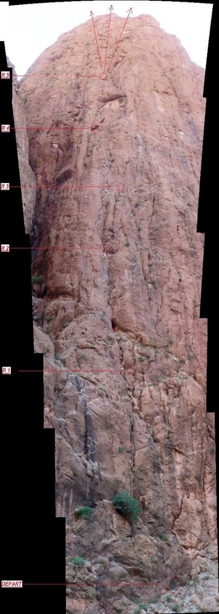 Photo-topo of La Classique on the Pilier du Couchant, Todra Gorge, with belays marked