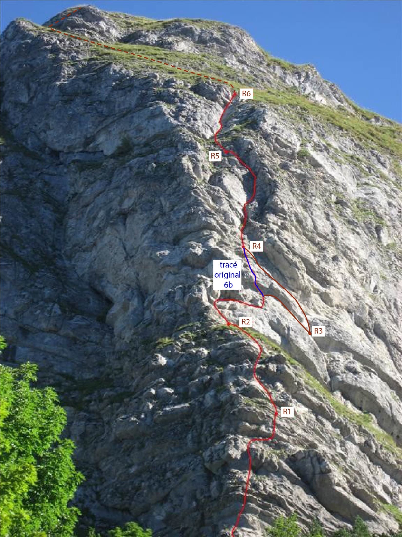 Photo-topo of Ace of Spades on the Dent de Jaman: the 2015 line in red, the original 6b variant in blue and the approximate summit exit dashed