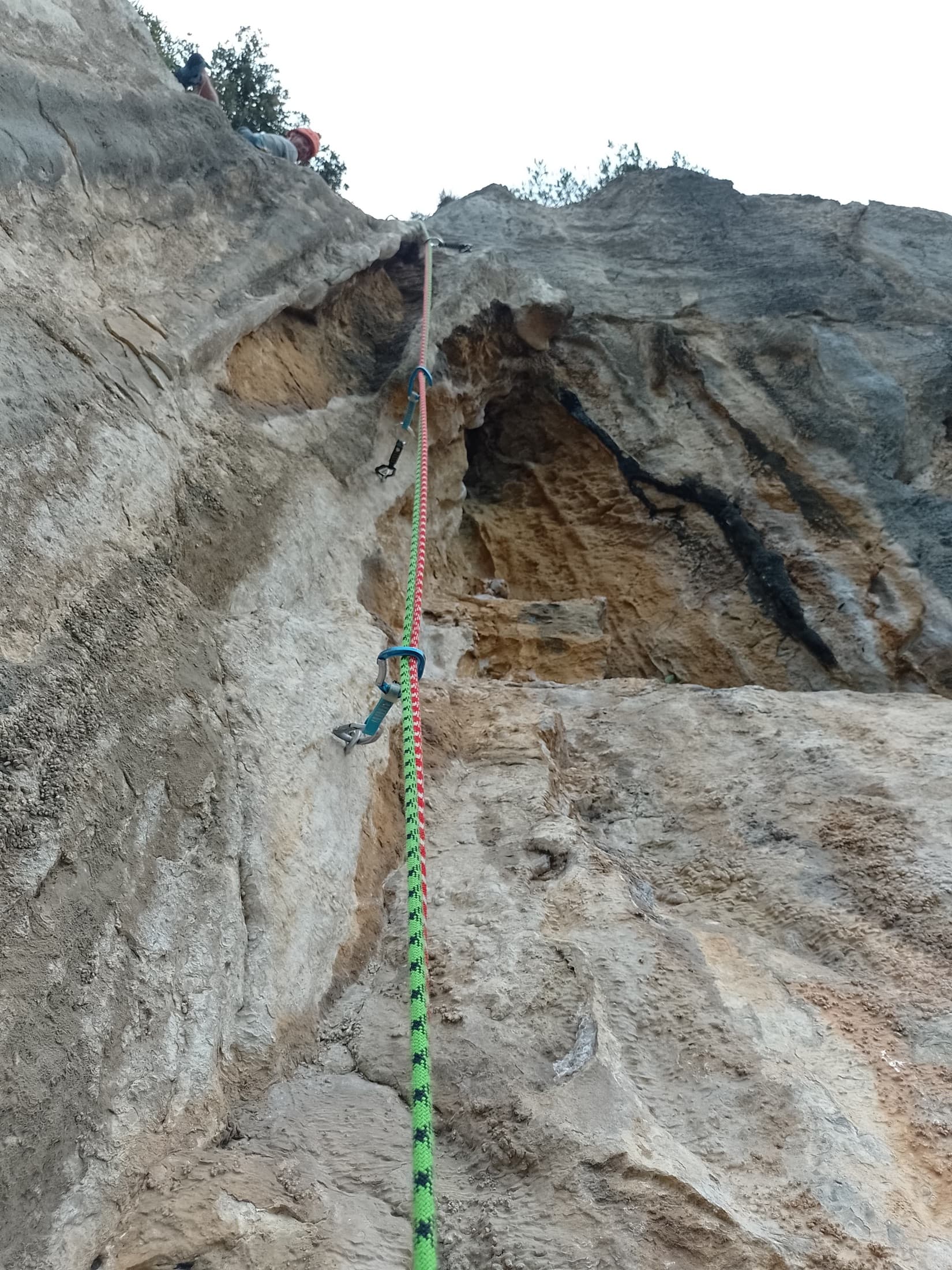 The start of the 6b+ fourth pitch of Kimera on the Parete Striata, Muzzerone
