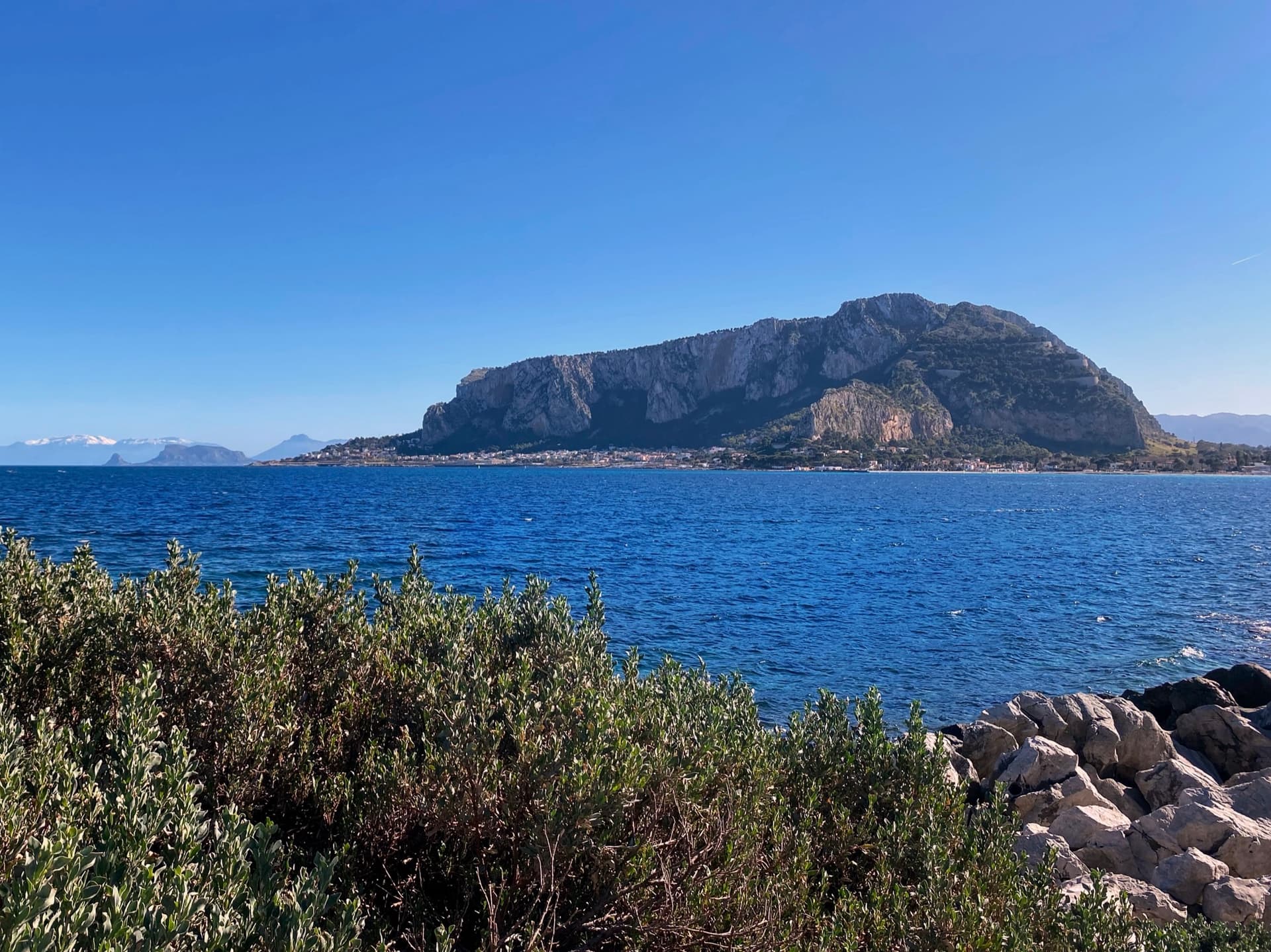 Monte Pellegrino from the cliffs on the north side of Mondello bay; the Antro della Perciata is on the mountain's north flank
