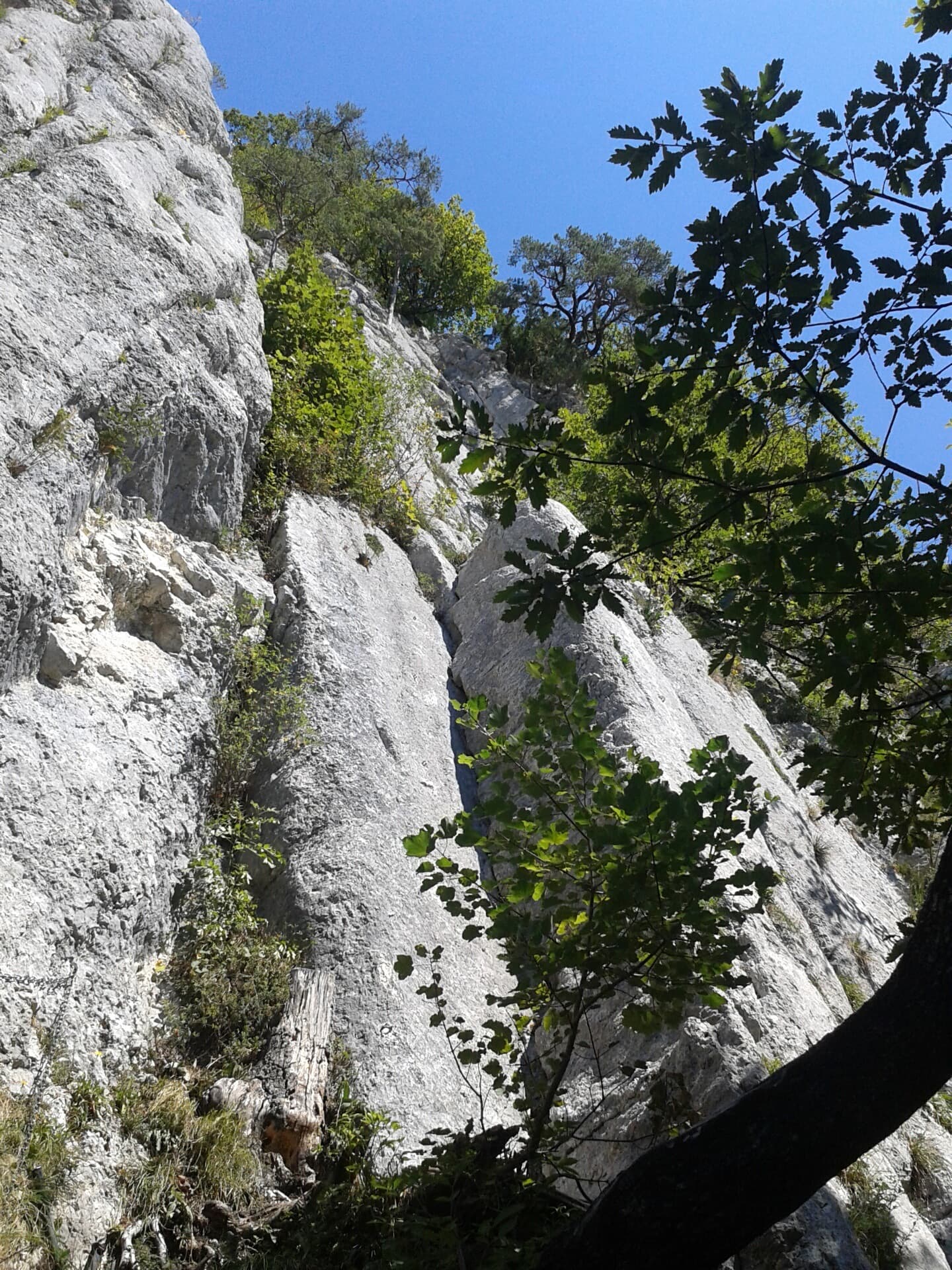 Pitch 1 and pitch 2 corners of Nostalgique seen from the start, Bonnes Fontaines