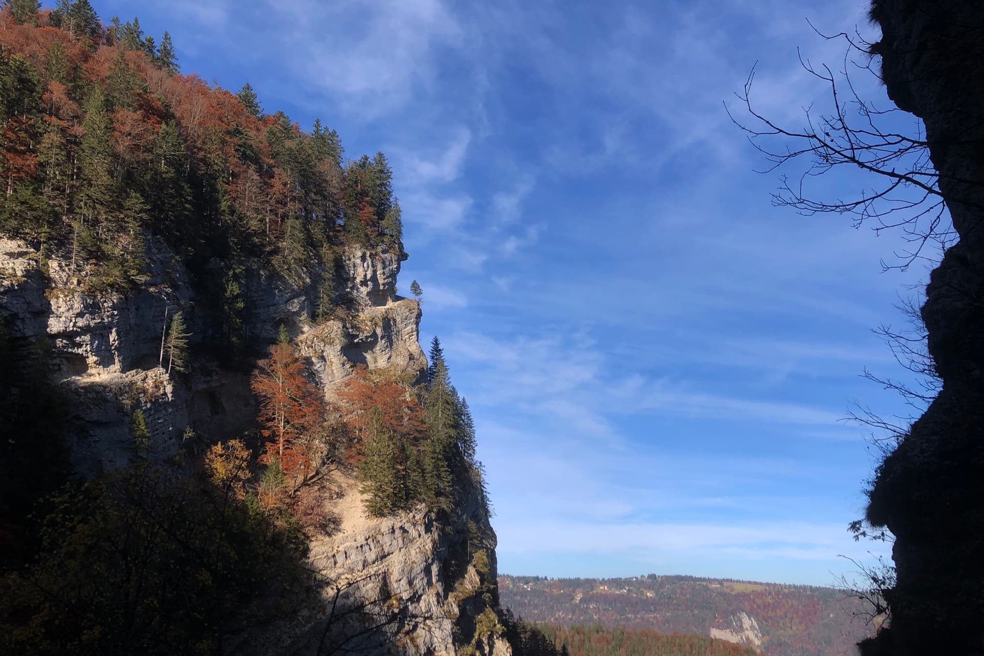 Limestone cliffs above the Combe Grède, a gorge on the north side of Chasseral above Villeret in the St-Imier valley, seen in autumn; the climbing walls themselves are not shown.