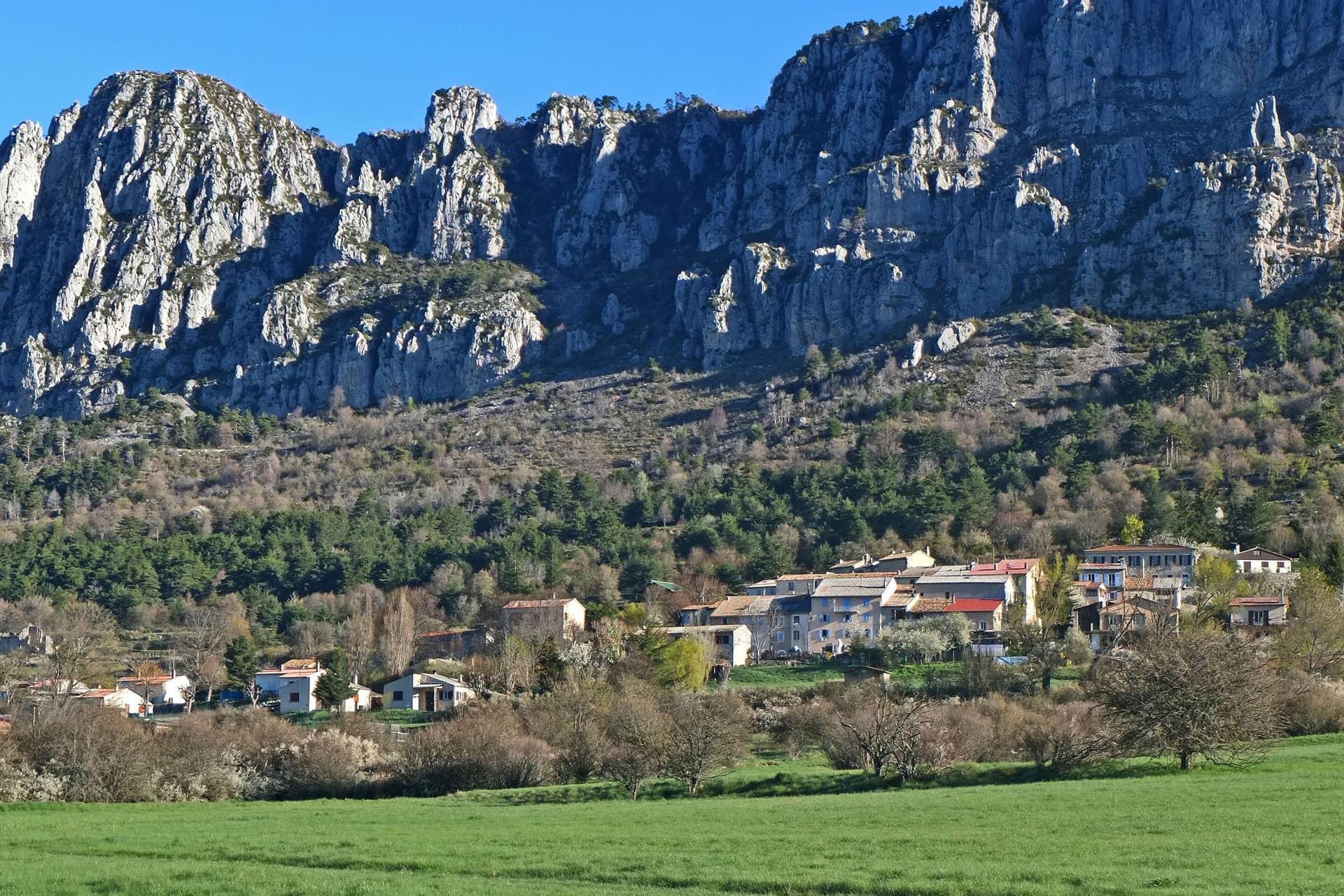 The limestone ridge above Séranon, its towers and pillars catching the spring sun over the village and its meadows.