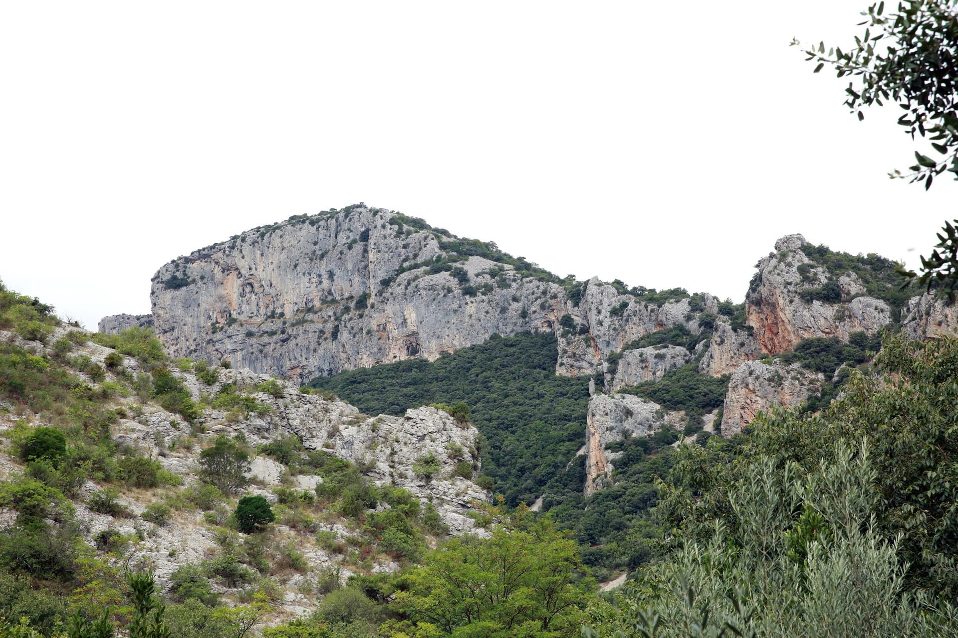 The limestone cliffs of the Cirque du Bout du Monde above the Verdus valley at Saint-Guilhem-le-Désert.