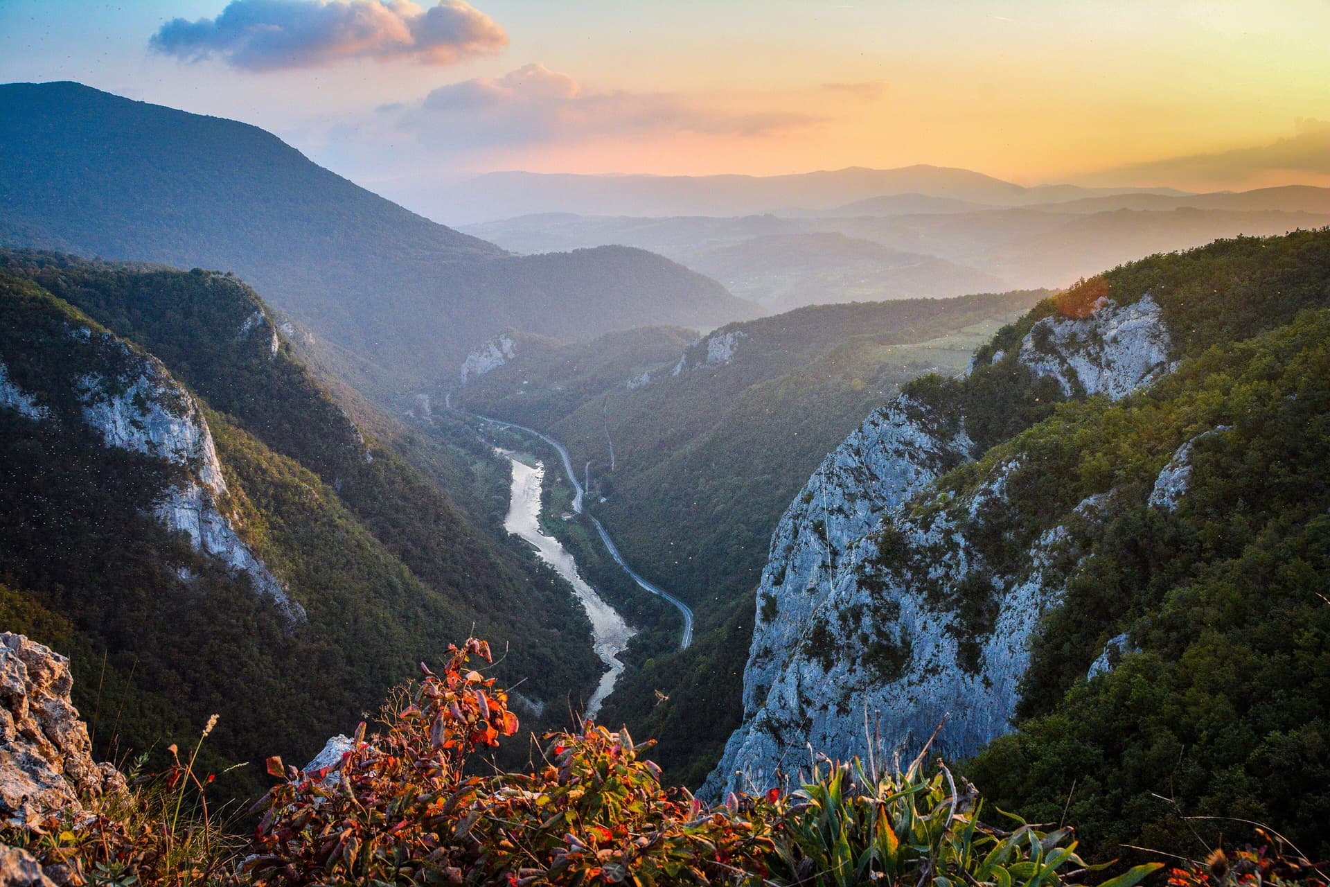 Looking down the Tijesno canyon of the Vrbas south of Banja Luka at sunset, with limestone walls on both sides.